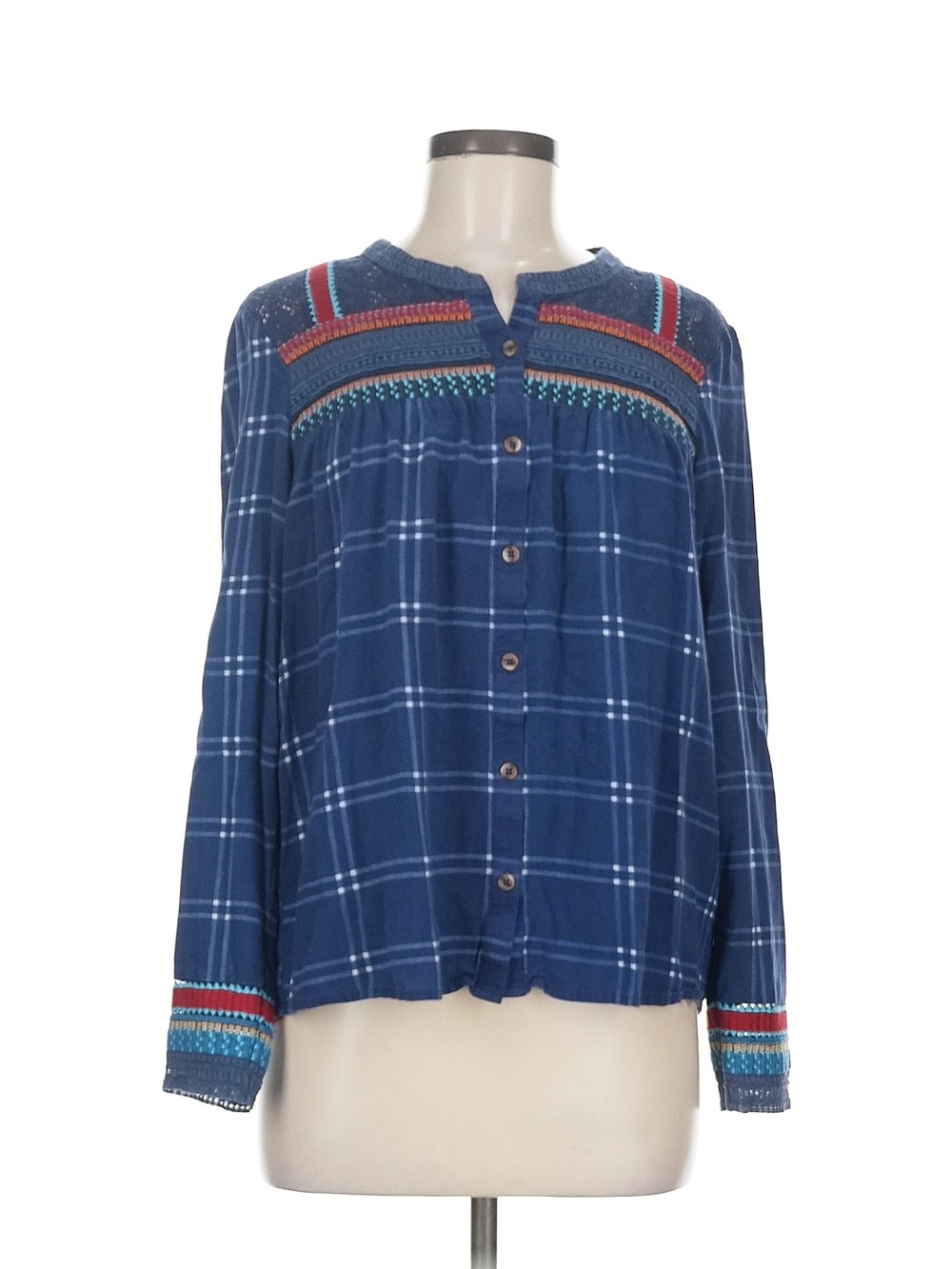 Navy Plaid Embroidered Yoke Button-Down Shirt